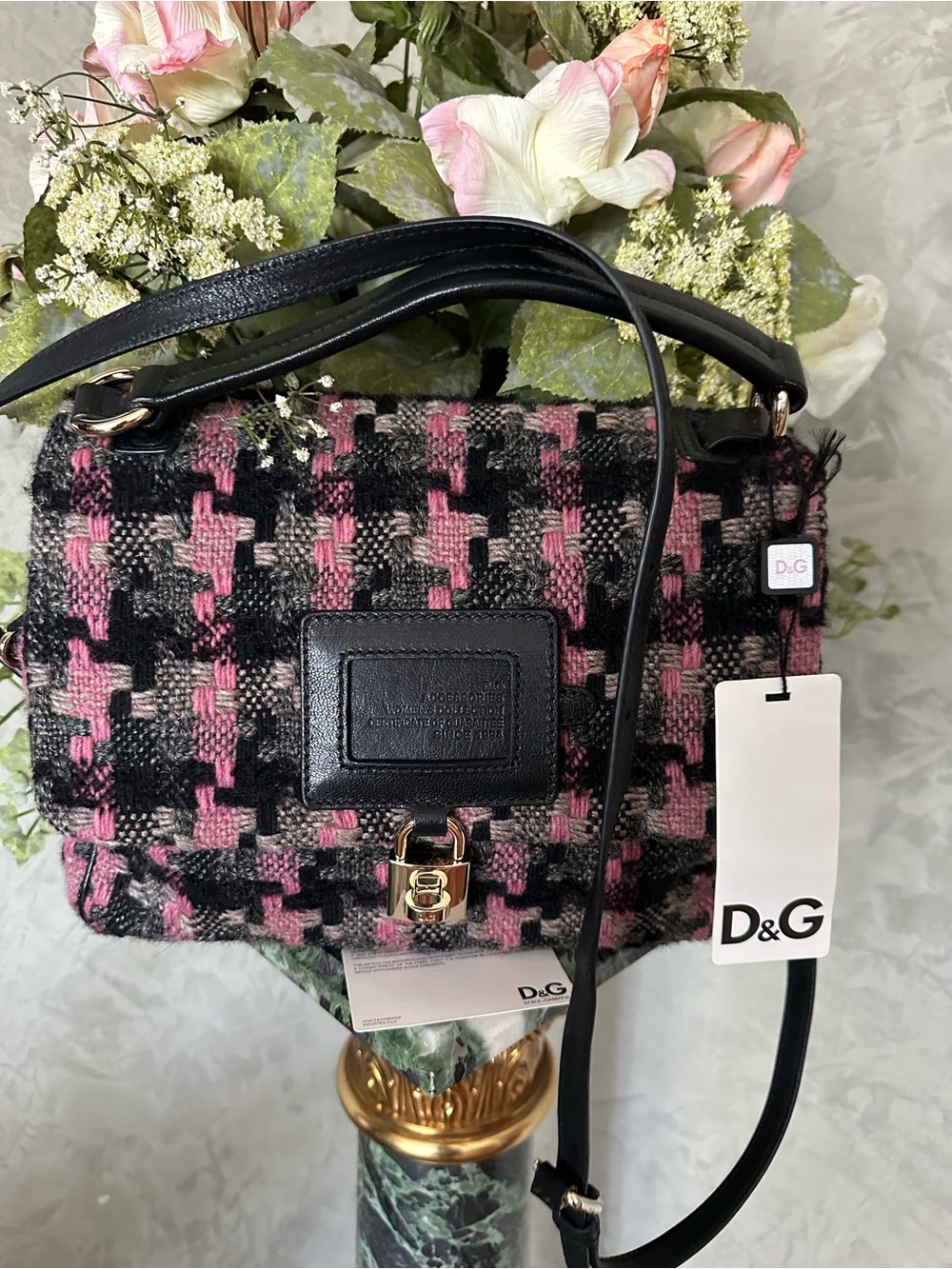 D&G Pink & Black Houndstooth Tweed Shoulder Bag bag Dory